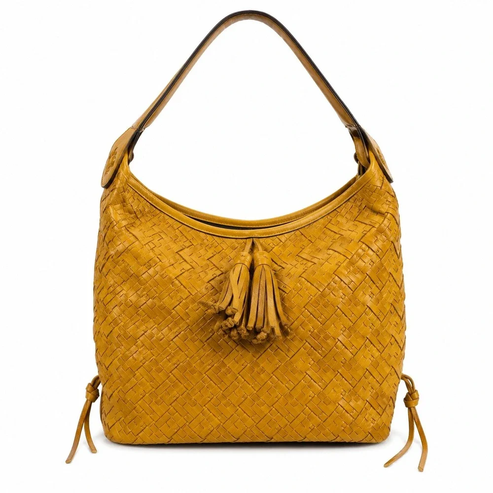 Patricia Nash Maissana Hobo Woven Leather Shoulder Bag Mustard Tassel Purse